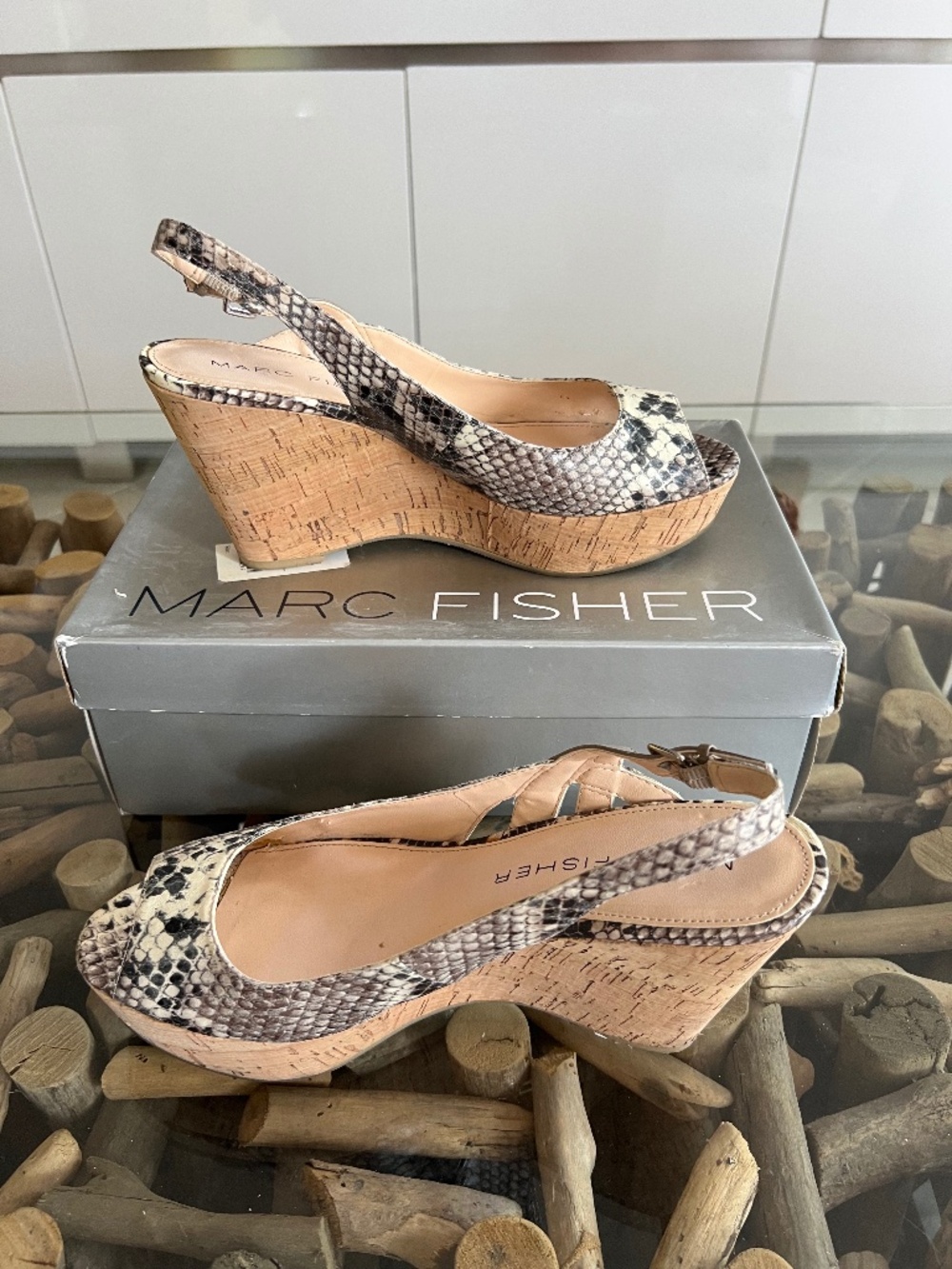 MARC FISHER Natural Snake Print Genoa 3 Wedge Sandals